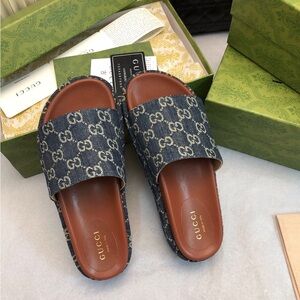Gucci denim platform mules